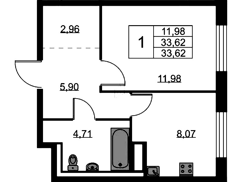 1-комнатная квартира 33.62 м², 9/9 эт., ЖК «Квартал Лаголово»